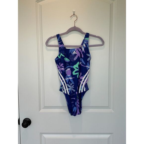NWT Adidas Floral 3S One Piece Swimsuit Blue Size 6 - Picture 1 of 9